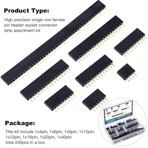 Glarks 240Pcs 2.54mm Straight Single Row PCB Board Female Pin Header Socket Connector Kit