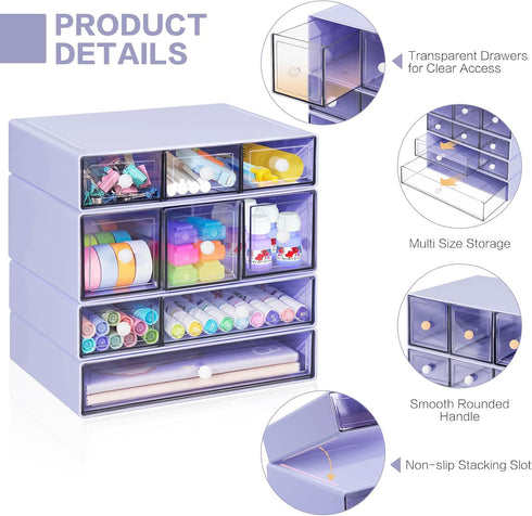 Desk Storage Organizer with 9 Drawers, FODIENS 4 Tiers Stackable Desktop Craft Storage Drawers for Makeup Jewelry