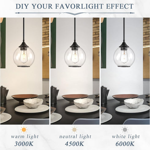Shade,6.29" 1 Pendant Lights Kitchen Island,Farmhouse Black Pendant Light with Clear Glass Globe Glass Pendant Light