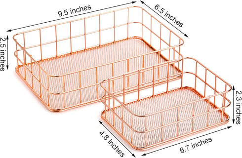Hacaroa 4 Pack Rose Gold Wire Mesh Basket, Metal Desk Drawer Organizer Desktop Holder Tray for Cosmetic, Stationery, Magazines, Fruit Snacks, Home, School, Office, 2 Size