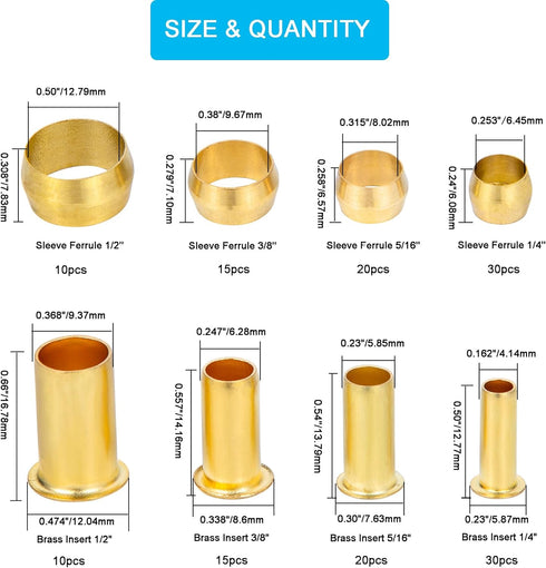 150PCS Tube OD(1/4" 5/16" 3/8" 1/2") Brass Compression Sleeves Ferrules & Insert,4 Sizes Brass Compression Fitting Assortment Kit by Breezliy