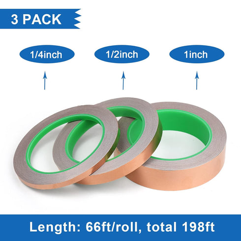 BOMEI PACK Copper Foil Tape 3 Pack (1inch, 1/2inch, 1/4inch x 66ft) with Conductive Adhesive for Electrical Repairs