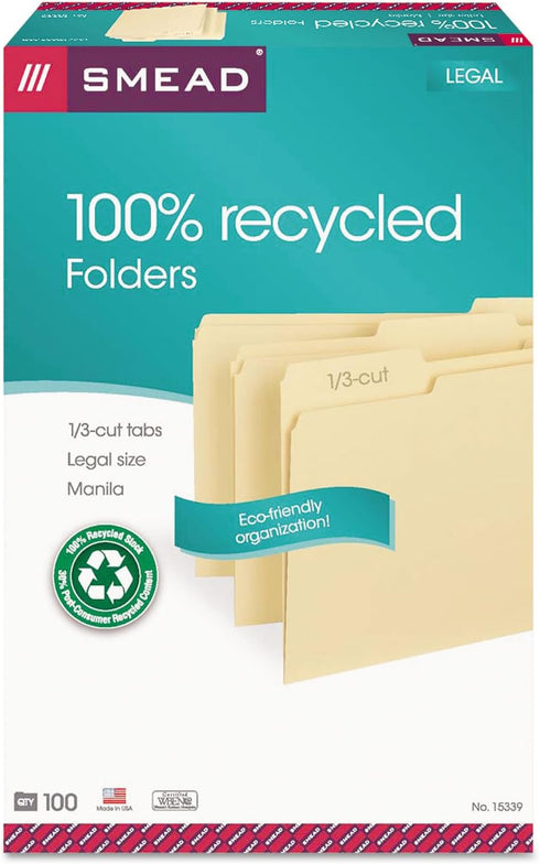 Smead 100% Recycled File Folder, 1/3-Cut Tab, Legal Size, Manila, 100/Box