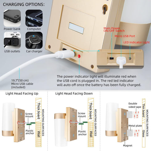 Dimmable 2 Pack BIGMONAT Wireless Wall Sconce Light USB Rechargeable, Multi Color Changing, Night Light with Remote