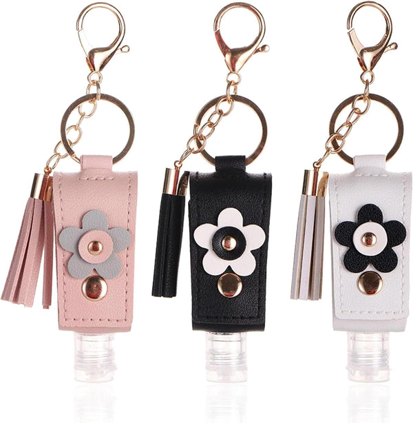 Wshxjzyay 3 Pieces Small Hand Sanitizer Keychain, 30ml Portable Leather Hand Sanitizer Holder