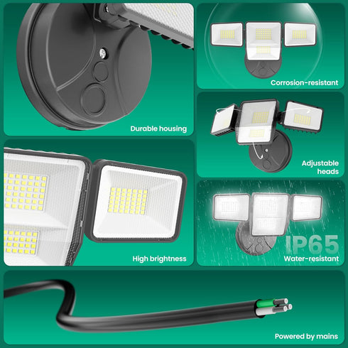 70W 7000LM 4 6500K IP65 LED Flood Lights Outdoor, Switch Controlled Security Lights with Heads, Adjustable Heads