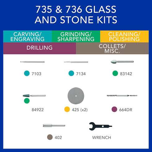 Dremel 735-01 Glass Etching Rotary Tool Kit, 8 Piece Set with Grinding Stones, Polishing Disc, Blue