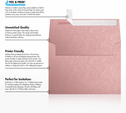 LUXPaper A7 Invitation Envelopes Peel & Press, 5 1/4" x 7 1/4" Misty Rose Metallic - Sirio Pearl, 50 Qty