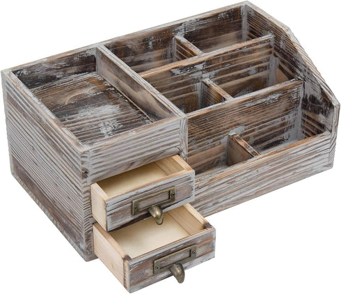 Liry Products Rustic Torched Wooden Desktop Organizer, Dark Brown Tabletop Storage Cabinet with 2 Tier Drawers