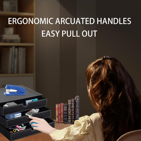 PU Leather Desk Organizer with 3 Drawers, Black Executive Office Supplies Desktop Filing A4 File Cabinet for