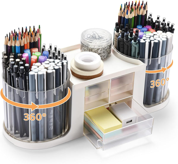 Rotating Desk Organizer with 2 Pen Holders, 10 Slots Pencil Holder, 3 Drawer Art Supply Storage Box Caddy for Office,