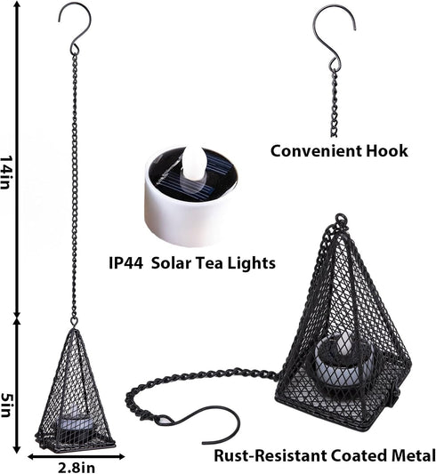 4 Pack Solar Hanging Lights Outdoor, Hanging Lanterns Candle Holder with Solar Tea Lights Candles Outdoor Waterproof