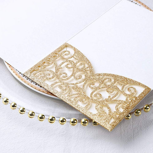 ponatia 20PCS Tri-Fold 5 x 7 Laser Cut Wedding Invitation Pockets, 5.12 x 7.2 (Gold Glitter, No Inner Sheet)