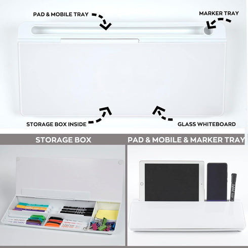 Desktop Glass Whiteboard Set with 3 Colors Markers, Desk Dry Erase Glass Whiteboard for Home Office Supplies