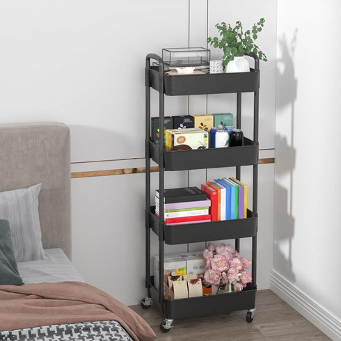4-Tier Sywhitta Plastic Rolling Utility Cart with Handle, Multi-Functional Storage Trolley for Office, Living Room
