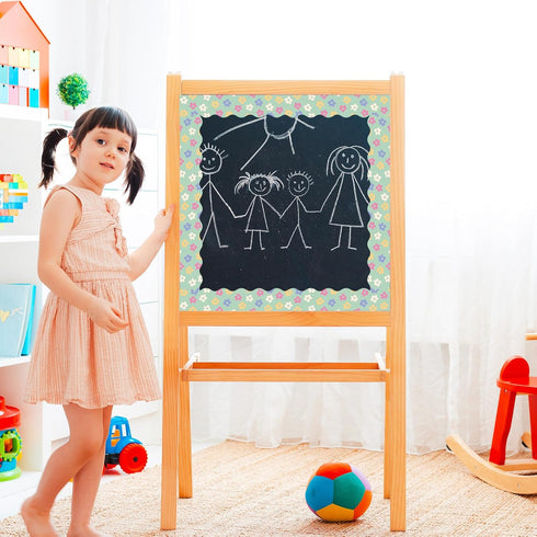 Whaline 196.8ft Pastel Boho Bulletin Board Borders, Daisy Flower Checkered Die-Cut Trim for Classroom Office