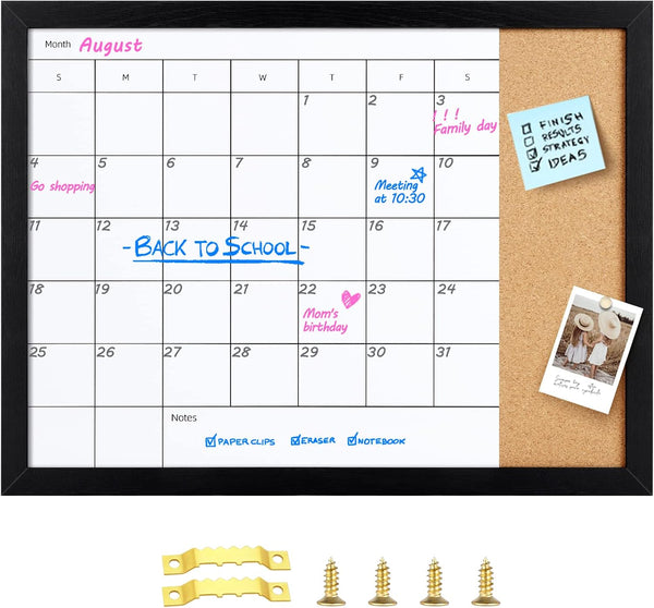 Magnetic Surface Monthly Calendar Whiteboard & Cork Board, Combination Dry Erase Calendar for Wall, Black Frame