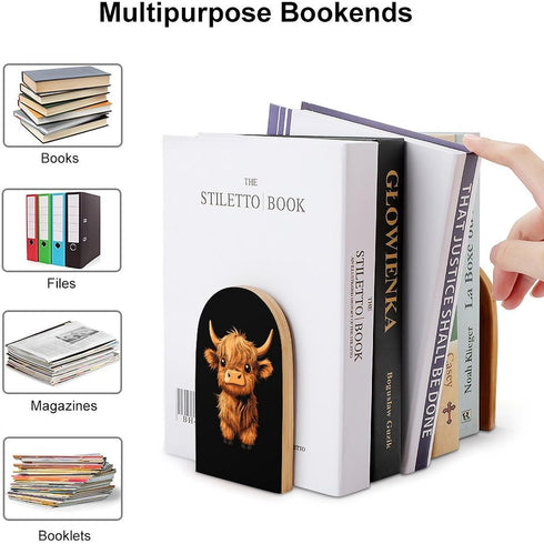 Generic 5 3.1 3.9 Inches Cartoon Highland Cow Wood Book Ends Holder Stand Cute Desk Decor Bookends