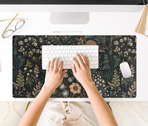Dark Flower Desk Mat, Aesthetic Wildflowers Large Gaming Mousepad, XXL Keyboard Mouse Mat for Women Office Desk