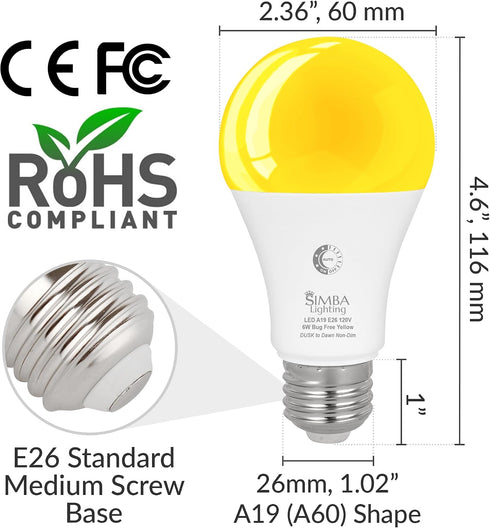 Bulb 6W 40W (2 Pack), A19 E26 Simba Lighting Bug Non-Attracting Yellow LED Equivalent Great for Outdoor Porch Light