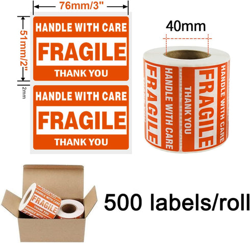 500 Fragile Stickers, 1 Roll 2" x 3" Fragile - Handle with Care - Thank You Shipping Labels Stickers (500 Labels/Roll)