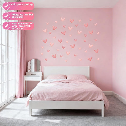 BUBBLE-FLY 60 Pcs Pink Heart Wall Decals, Repositionable PVC Wall Decals for Girls Room, Nursery, Bedroom, Living Room