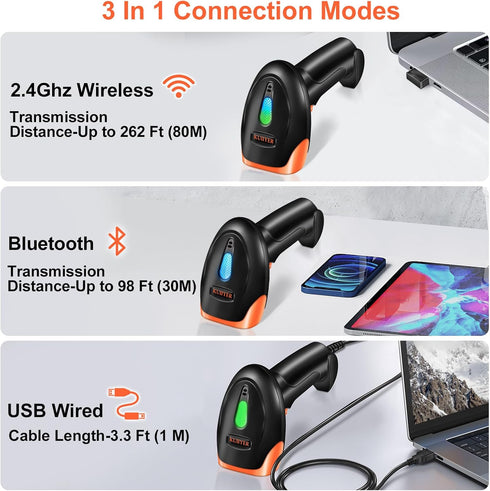 KUIIYER Bluetooth Barcode Scanner, Wireless 2D QR 1D Handheld Barcode Reader, Plug & Play for Warehouse, Library