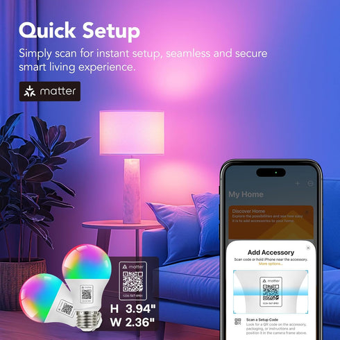 OREiN Matter Smart RGBTW Bulb, Smart Light Bulbs Work with Apple Home, Alexa, Google Home, SmartThings, A19 Color Changing Light Bulbs 2.4Ghz WiFi Only, 800 Lumens Equivalent 60W 2Pack by OREiN