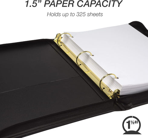 Samsill Classic Professional Binder, 3 Ring Binder with 1.5 Inch Brass Round Rings, Zipper Closure, Black