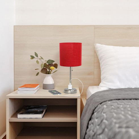 19.5" Oslo Contemporary Bedside Power Outlet Base Standard Metal Table Desk Lamp in Brushed Steel with Red Drum Fabric