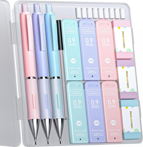 Four Candies Pastel Mechanical Pencil Set - 3PCS 0.9mm Pencils with 360PCS HB Lead Refills