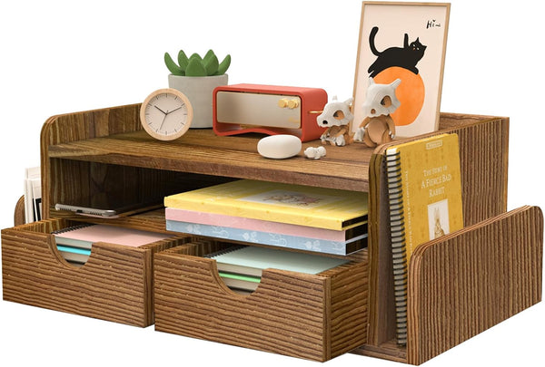 HZE Wooden Desk Organizer with Drawers, Rustic 3-Tier Desktop Organizer, Desktop Drawers with 2 Side Mail Sorting Slots