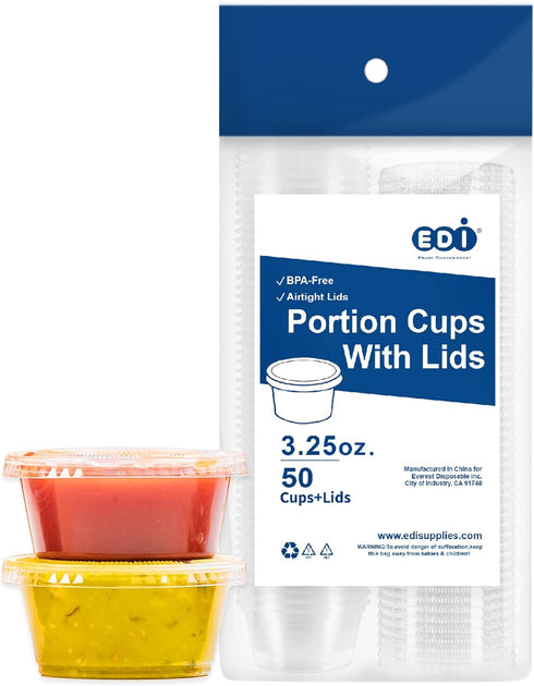 EDI Clear Disposable Plastic Portion Cups with Leakproof Lids, 50 Sets, 3.25 OZ, BPA Free, Recyclable Souffle Cups
