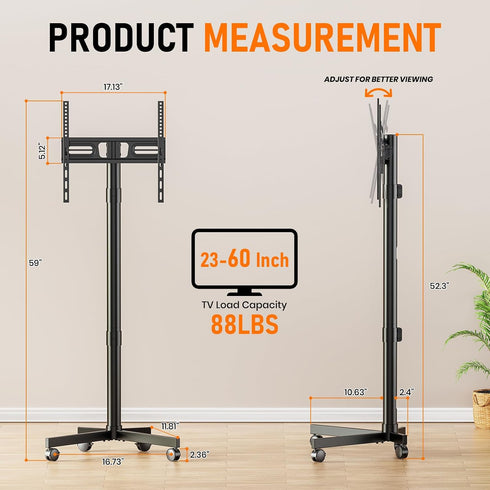 Xyndyx 23-60 Inch 88 lbs, 400x400mm, Mobile TV Cart Rolling TV Stand for LCD LED OLED Flat Curved Screens up to Height