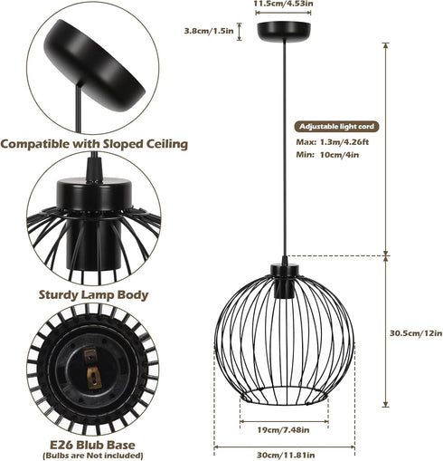 E26 Bulb), Black Ball Modern Industrial Chandelier DIY Metal Cage Pendant Light Fixture, Base (No Assembly Required