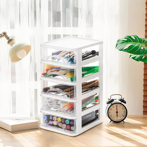 Hedume Clear Desktop Drawer, 5 Drawer Storage Unit, White Frame with Clear Drawers, Drawer Unit