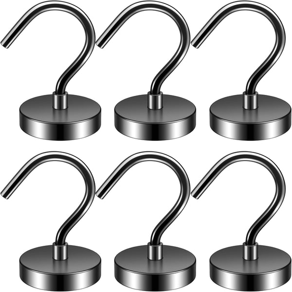 6 Pack Black Metal Magnetic Hooks 40lb+ Heavy Duty Strong Magnets for Cruise Ship Walls, Hanging, Tool, Kitchen