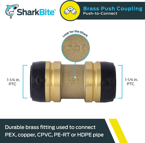SharkBite 1-1/4 Inch Coupling, Push to Connect Brass Plumbing Fitting for PEX Pipe, Copper, CPVC, PE-RT, HDPE