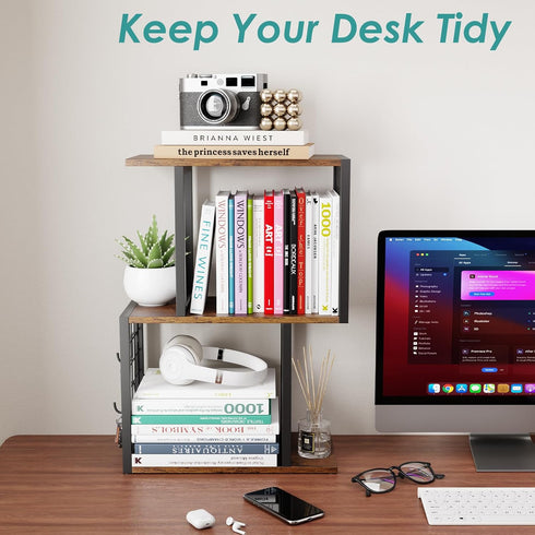 Vfelf Bookshelf,3-Tier Desktop Desk Organizer Shelf with Hooks Desk Organization Deals for Office Storage Rustic Brown