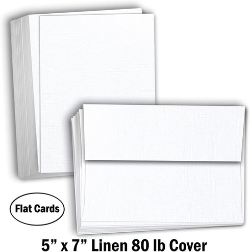 5" 7" 80lb 100 Pack Hamilco White Linen Cards and Envelopes - Flat x Cardstock Paper Cover