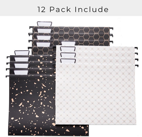 Y YOMA 12 Pack Decorative Hanging File Folders, Letter Size, Rose Gold, 1/5-Cut Adjustable Tabs, 3 Black Foil Design