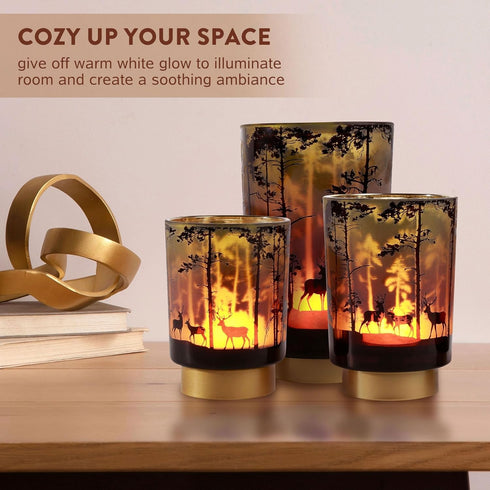 Eywamage Small Battery Operated Table Lamp, Forest Deer Mood Light with Remote, Cordless Glass Lamp
