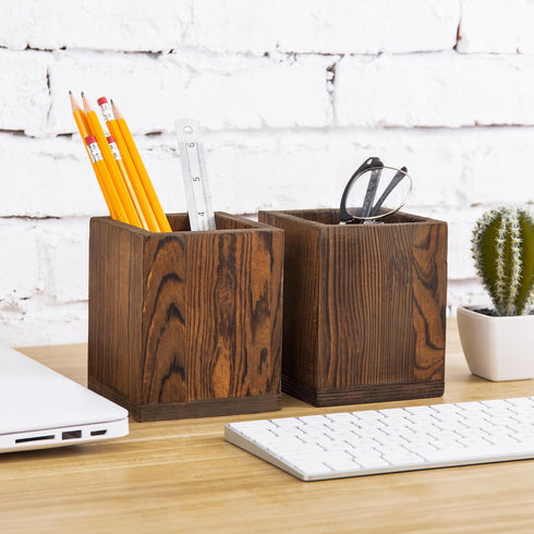 MyGift Set of 2 Natural Grain Wood Desktop Pen Holder, Pencil Holder Cup, Office Desk Organizer