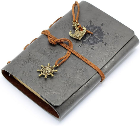 EvZ Leather Writing Journal Notebook, 5 Inches, Vintage Nautical Spiral Blank Diary, Grey