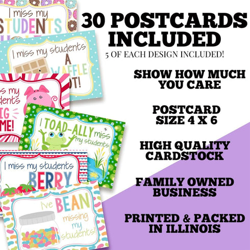 I Miss My Students Blank Postcards for Teachers, 30 Total 4"x6" Fill In Notecards (5 of Each Design)