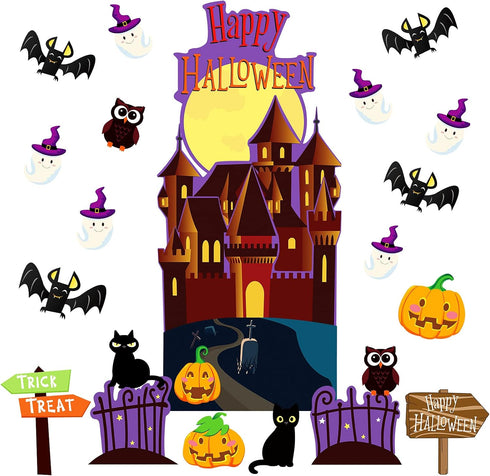 Spiareal 42 Pieces Halloween Cutouts, Bulletin Board Decorations with Halloween Castle, Pumpkin, Owl, Cat, Bat, Ghost