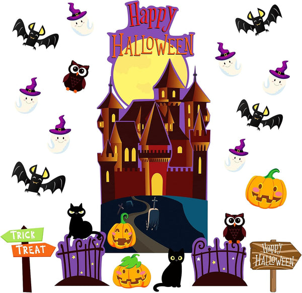 Spiareal 42 Pieces Halloween Cutouts, Bulletin Board Decorations with Halloween Castle, Pumpkin, Owl, Cat, Bat, Ghost