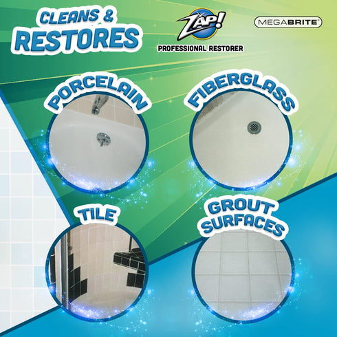 ZAP! Professional Tile & Grout Restorer | Cleans & Restores Porcelain, Fiberglass, Tile, & Grout Surfaces | Rust & Hard