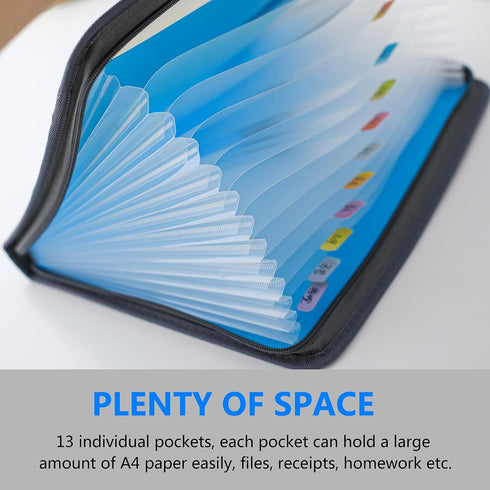 NAFY Expanding File Folders, 2 Pack 13 Pockets Document Organizer with Zipper, A4 Size, Black & Orange