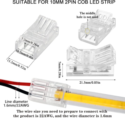 COB LED Strip to Wire Connector 20 Pieces Waterproof LED Adapter Connectors for Solderless LED Light Strip (2 Pin, 10